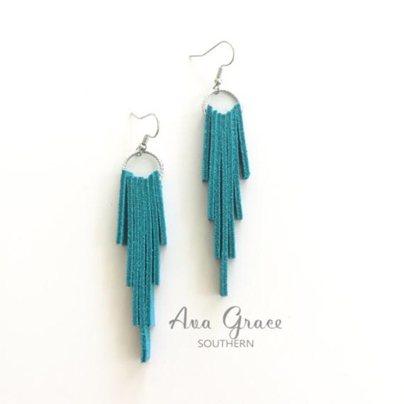 Turquoise Suede leather drop bar stack earrings - Picture 2 of 2